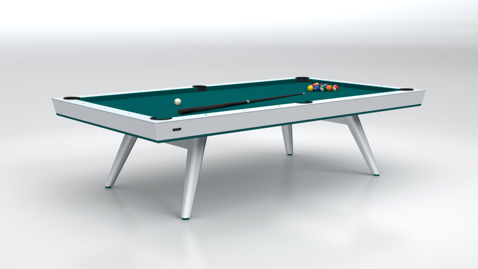 The Hamptons Pool Table is a modern luxury game table featuring a green felt surface, sleek white legs, and includes a cue stick, white cue ball, and colorful balls set against a light gray background.