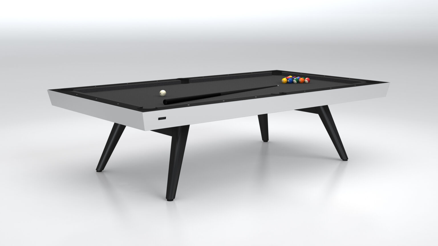 The Hamptons Pool Table is a modern luxury game table with a minimalist design, featuring a black felt surface and sturdy black legs. It includes a vibrant triangle of colored balls and a white cue ball on a plain white background, enhancing the elegance of any setting.