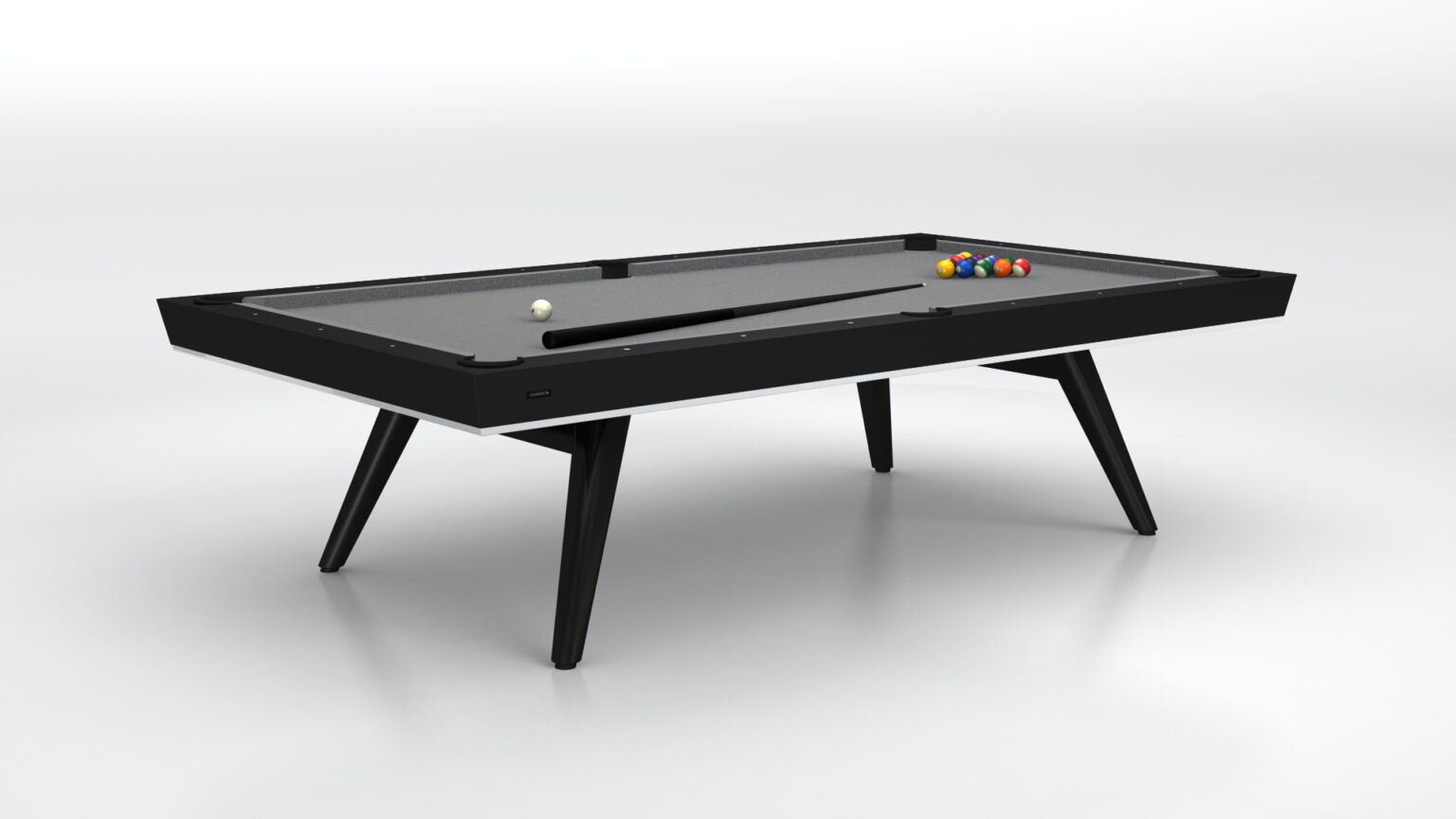 The Hamptons Pool Table, a luxurious black design with gray felt, features a cue stick and colorful billiard balls elegantly arranged on its surface, all set against a plain white backdrop.