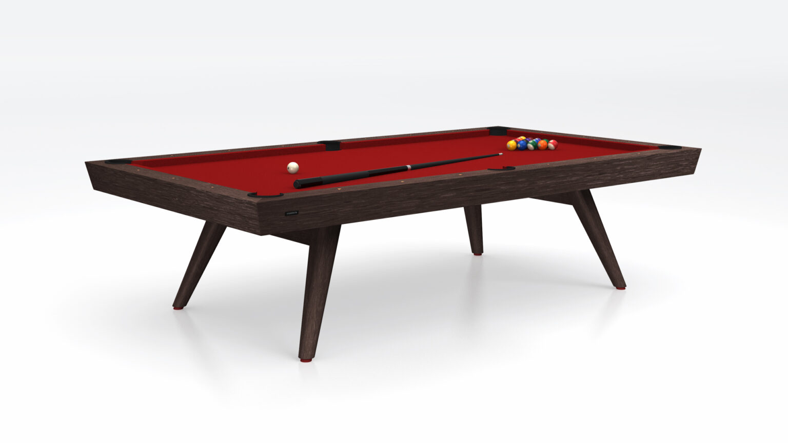 The Hamptons Pool Table, with a luxurious red felt surface and dark wooden legs, displays a cue stick and billiard balls on top. The simple light background highlights its sleek design, making it an exquisite centerpiece for any refined entertainment space.