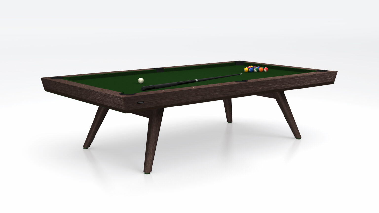 The Hamptons Pool Table is a luxury game centerpiece with a dark wooden frame and rich green felt, perfectly placed in a white space. Tapered legs support billiard balls and two cues elegantly displayed on the table.