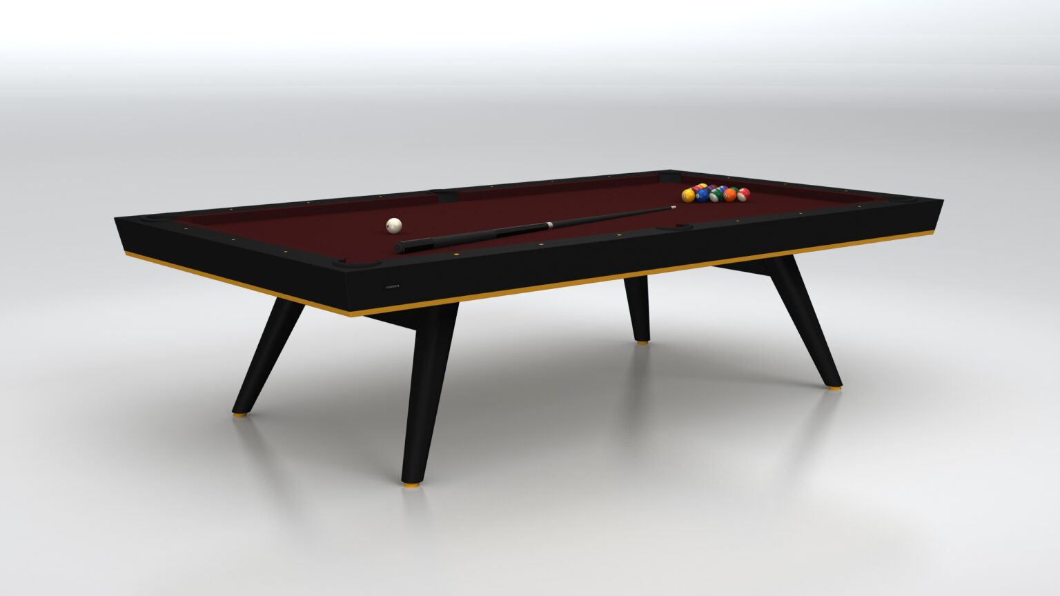The Hamptons Pool Table is a modern black luxury game table with a red felt surface, featuring colorful billiard balls near a corner and a cue stick along the side. It boasts sleek angular legs against a plain white background.