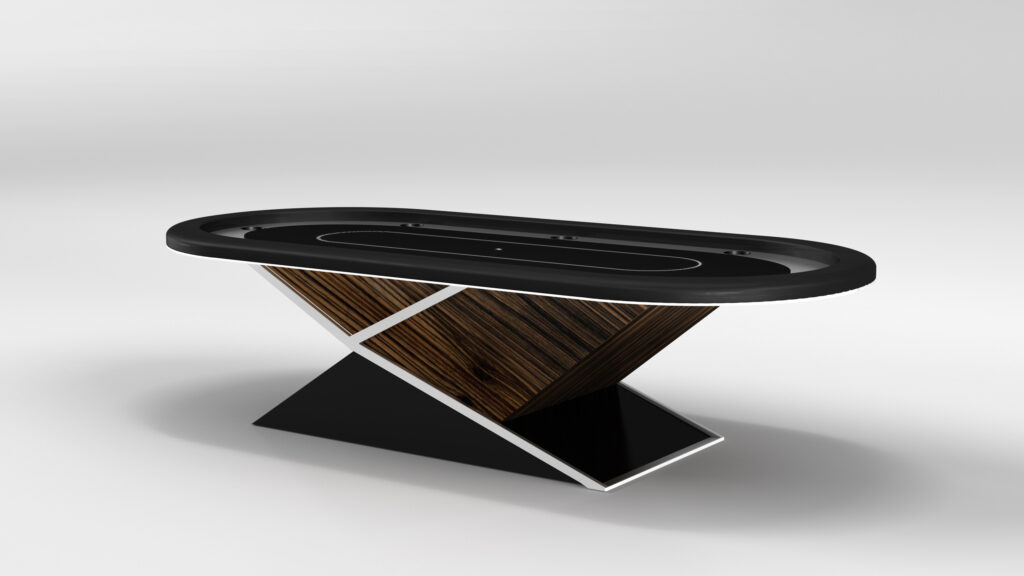 The Macan Oval Poker Table boasts a sleek black surface and a unique geometric base crafted from wood and metal, featuring an angular support that blends elegance with contemporary style.