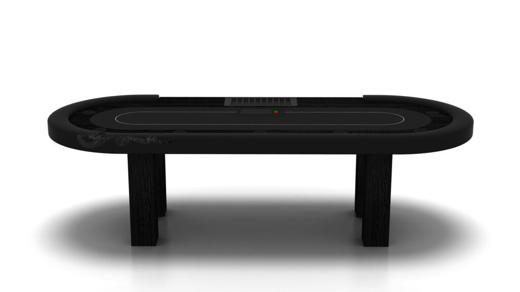 The Malibu Oval Poker Table has a sleek black finish, four sturdy legs, and a central card shuffler, shown from the front on a white background.