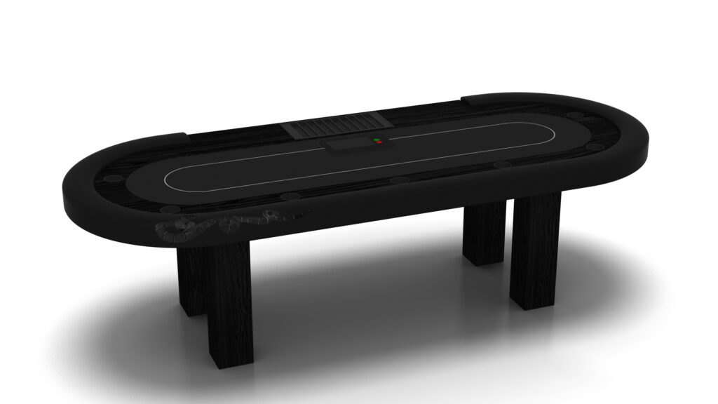 The Malibu Oval Poker Table showcases a sleek black design with cup holders, a built-in card shuffler, and four sturdy black legs, displayed against a white background.
