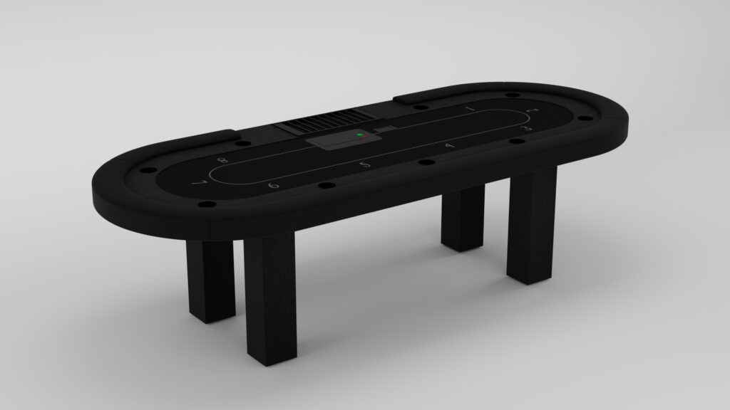 The Malibu Oval Poker Table, featuring numbered betting spots, a central dealer area, and four sturdy legs, is displayed against a plain light-gray background.