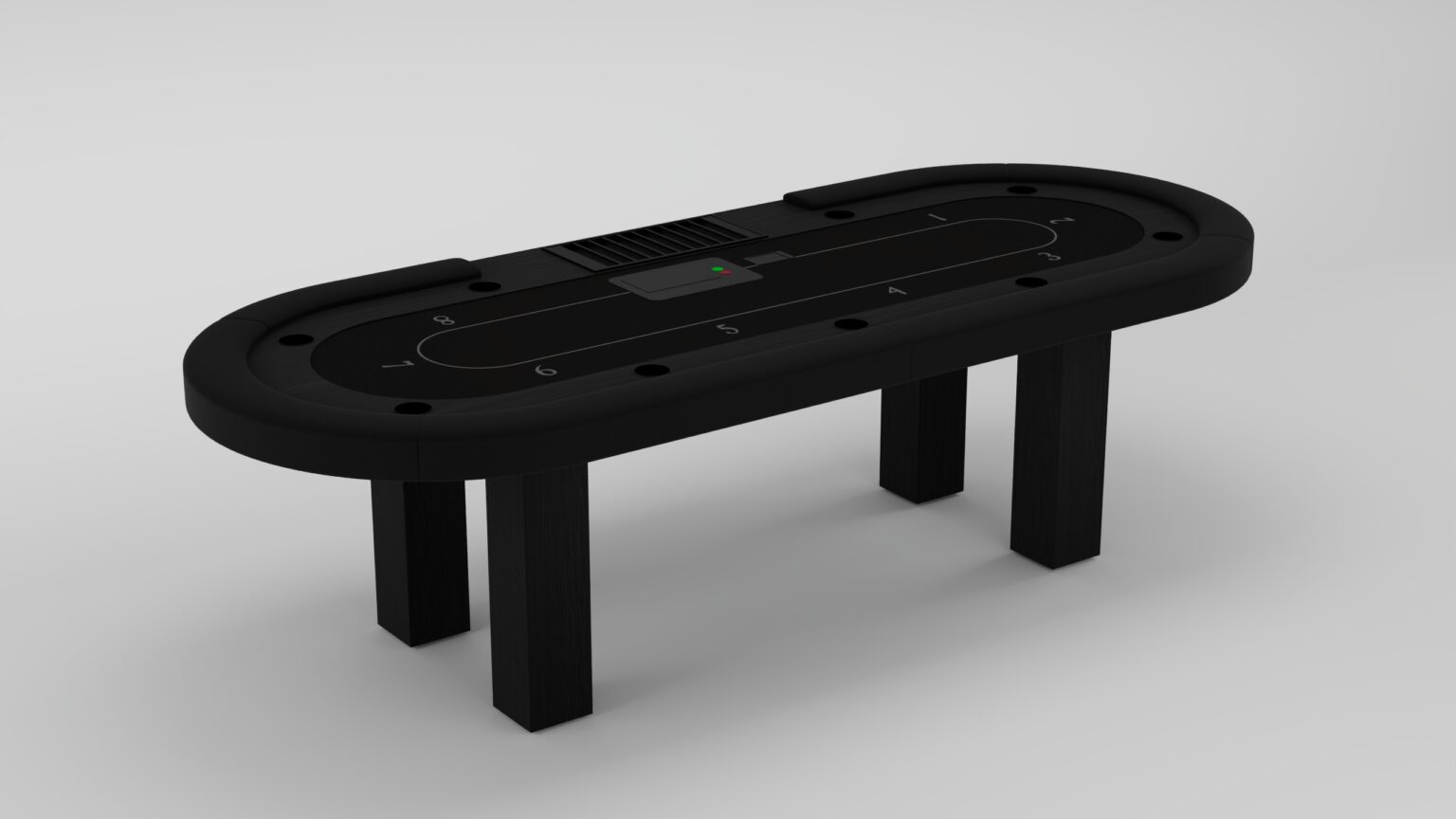 The Malibu Oval Poker Table, featuring numbered betting spots, a central dealer area, and four sturdy legs, is displayed against a plain light-gray background.