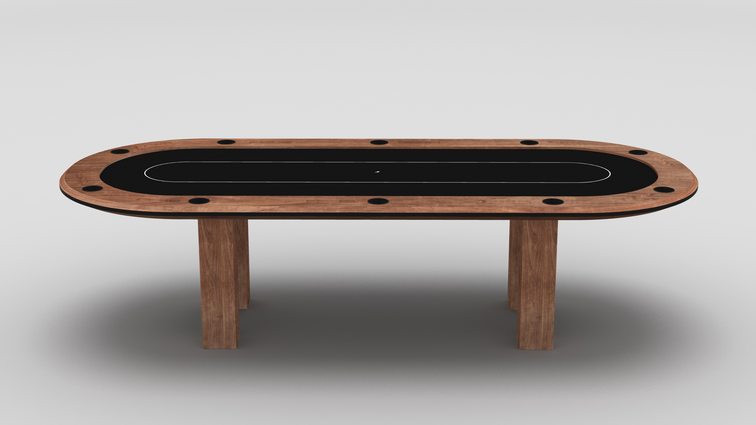 The Malibu Oval Poker Table showcases a sleek black felt surface, integrated cup holders, and four robust wooden legs—combining style and practicality for an elegant addition to any game room.