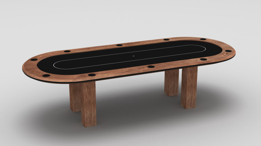 The Malibu Oval Poker Table features a black felt surface, cup holders along the edge, and four sturdy wooden legs, displayed against a plain white background.
