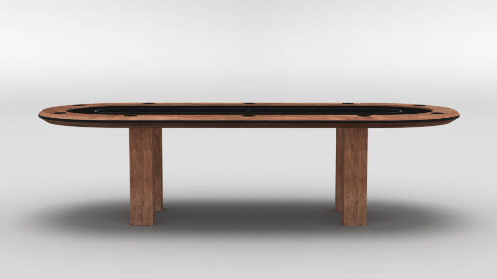 The Malibu Oval Poker Table showcases a sleek black playing surface, built-in cup holders, and a stylish wooden frame with four sturdy legs, all presented against a plain white background.