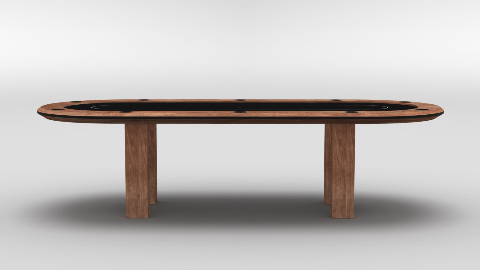 The Malibu Oval Poker Table showcases a sleek black playing surface, built-in cup holders, and a stylish wooden frame with four sturdy legs, all presented against a plain white background.