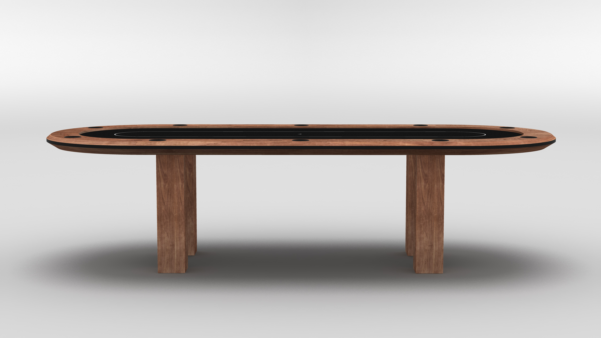 The Malibu Oval Poker Table showcases a sleek black playing surface, built-in cup holders, and a stylish wooden frame with four sturdy legs, all presented against a plain white background.