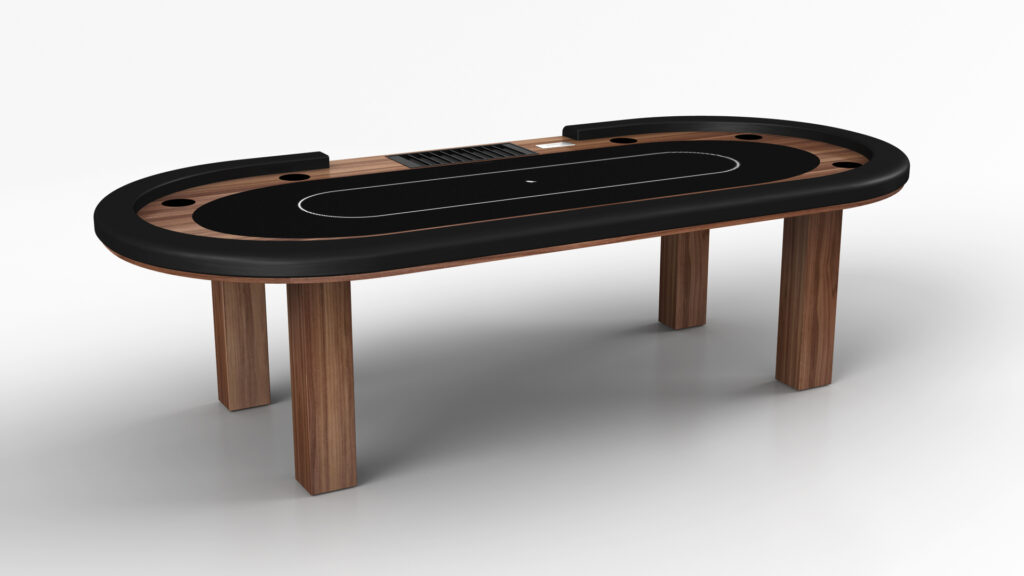 The Malibu Oval Poker Table features a black felt surface, wooden edges, four sturdy wooden legs, cup holders, and a built-in chip tray, shown on a plain white background.