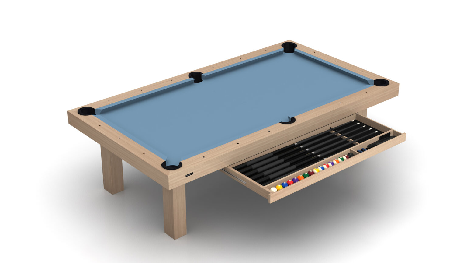 The Malibu Pool Table is a luxury game table with a blue felt surface and an elegant sliding drawer that neatly stores pool cues, a rack, and colorful billiard balls.