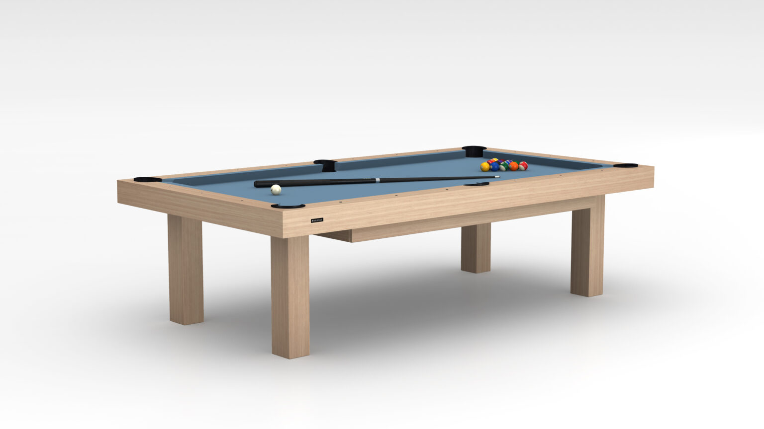 The Malibu Pool Table, a modern wooden design with blue felt, exemplifies luxury game tables. Featuring a cue stick and a triangle of pool balls in one corner, its simple, sturdy legs highlight a minimalist style in a bright, neutral setting.