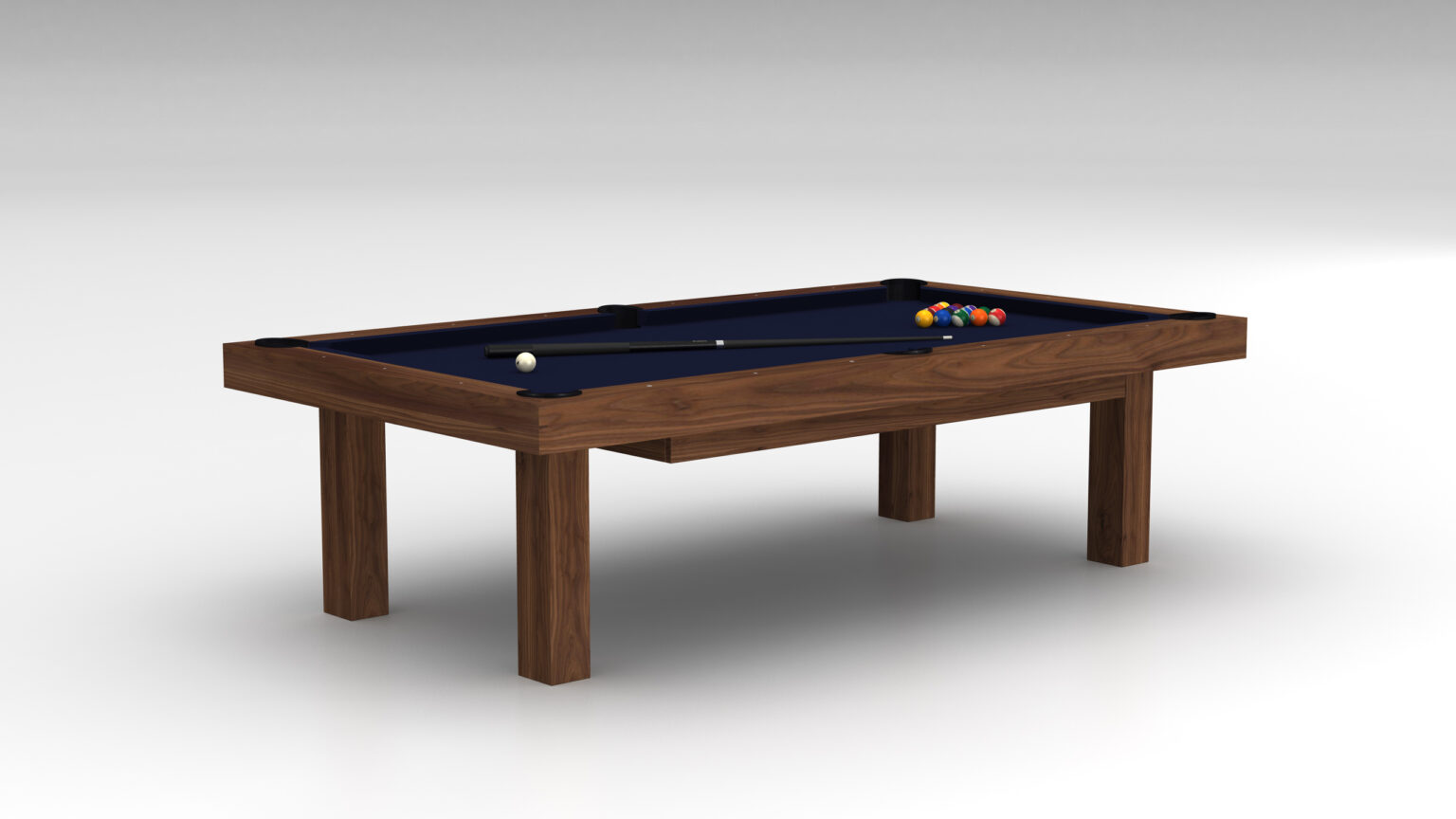 The Malibu Pool Table, a luxurious wooden game table with a blue felt top, is depicted. A cue stick and arranged billiard balls rest on its surface, while the plain gray background accentuates its clean and sophisticated design.