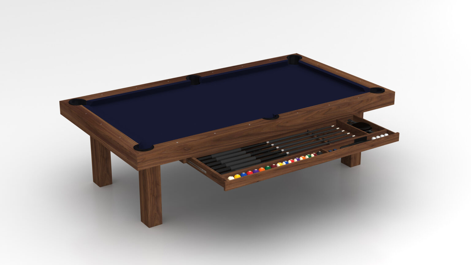 The Malibu Pool Table is a luxurious wooden table with a dark blue felt surface. It features neatly arranged billiard balls below and includes an organized rack of cue sticks and other accessories stored underneath for elegant gameplay.
