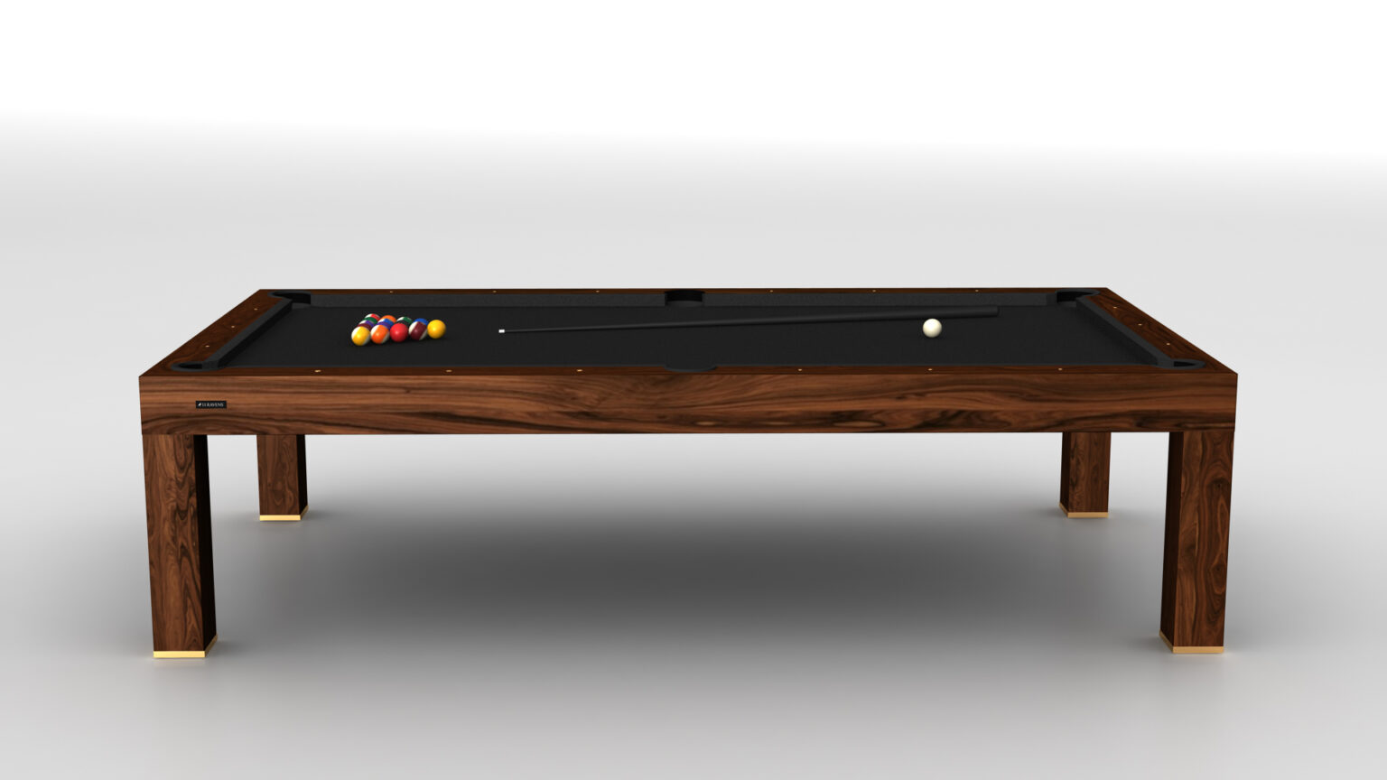 The Malibu Pool Table, featuring a sleek wooden frame and black playing surface, epitomizes luxury. A neatly arranged cue stick and billiard set invite players to an elegant experience.