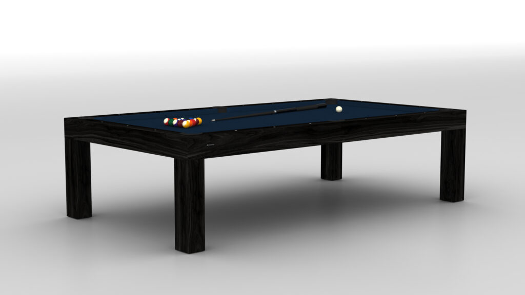 The Malibu Pool Table is a luxury game table featuring a black wooden frame and blue felt surface, complete with a cue stick, white cue ball, and a triangle rack holding colorful billiard balls. It stands elegantly in a bright, empty room.