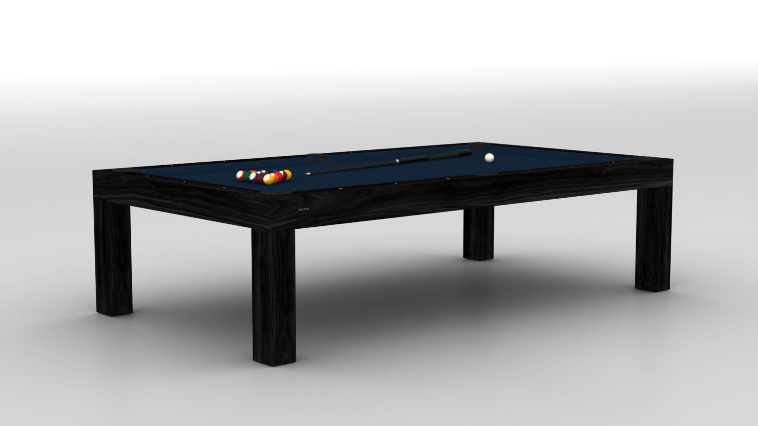 The Malibu Pool Table is a luxury game table featuring a black wooden frame and blue felt surface, complete with a cue stick, white cue ball, and a triangle rack holding colorful billiard balls. It stands elegantly in a bright, empty room.