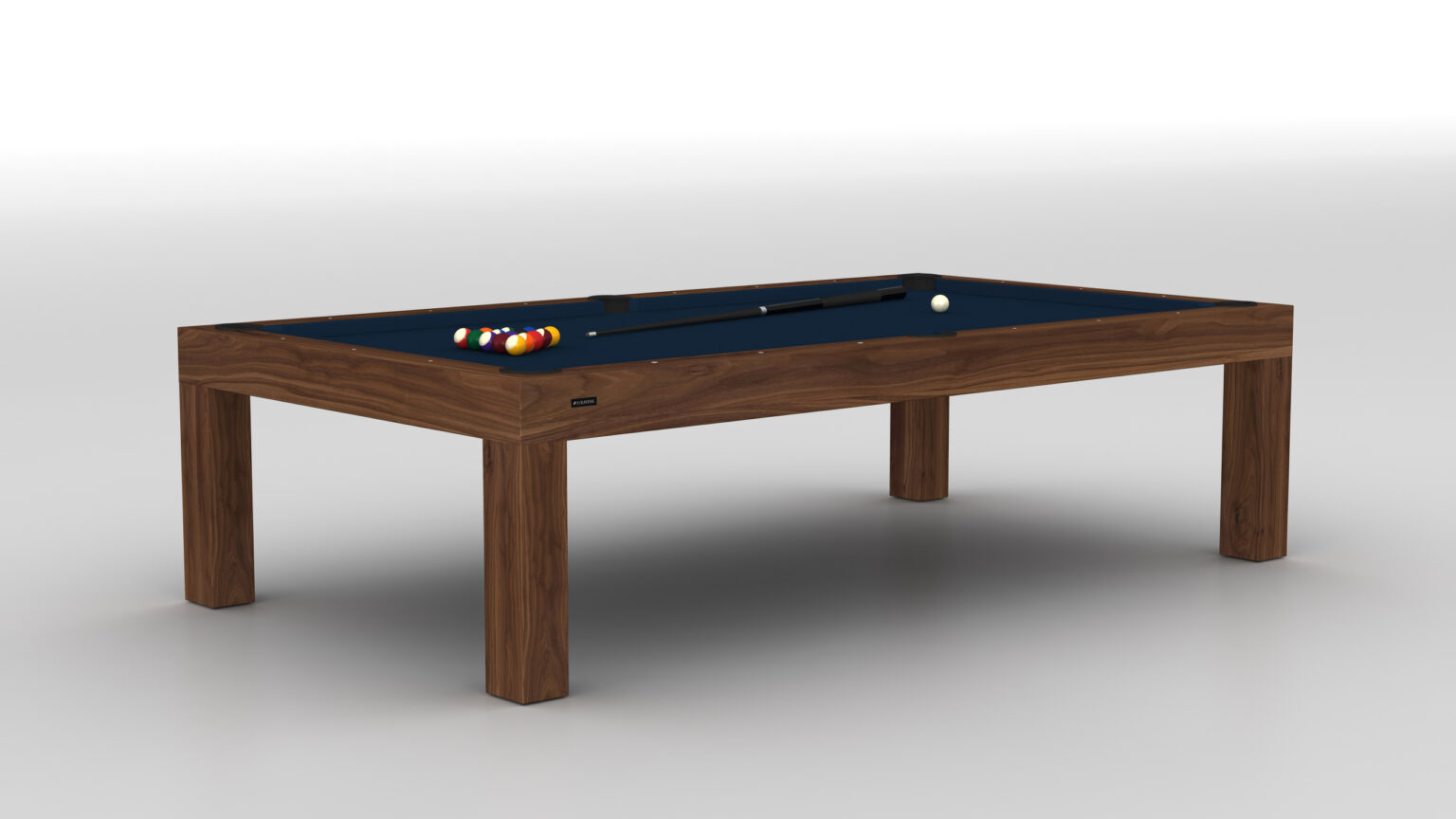 The Malibu Pool Table showcases the elegance of luxury game tables, with a modern wooden design and a blue felt surface. It includes a cue stick and racked billiard balls, set against a simple white-gray gradient background.
