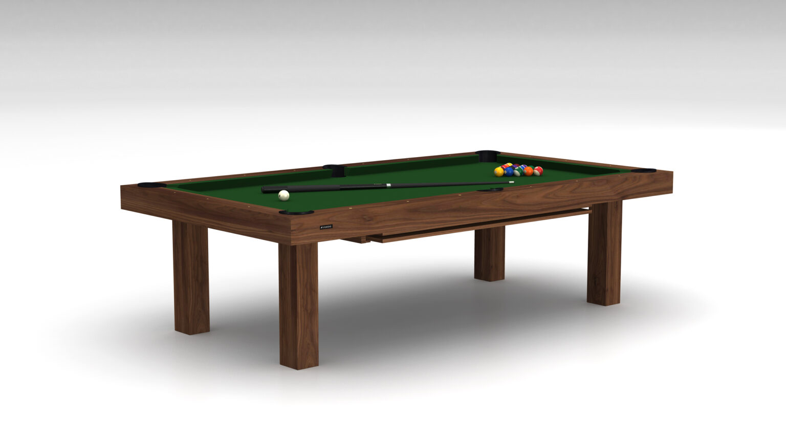 The Malibu Pool Table is a luxury wooden pool table with a green felt surface, featuring billiard balls neatly arranged at one end and a cue stick elegantly resting on it, set against a plain light gray background.