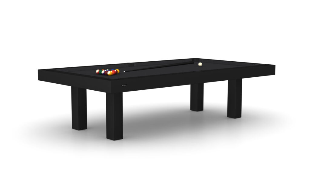 The Malibu Pool Table, a sleek black luxury game table with a modern design, stands on a white background. It showcases arranged colorful billiard balls and a separate cue ball.