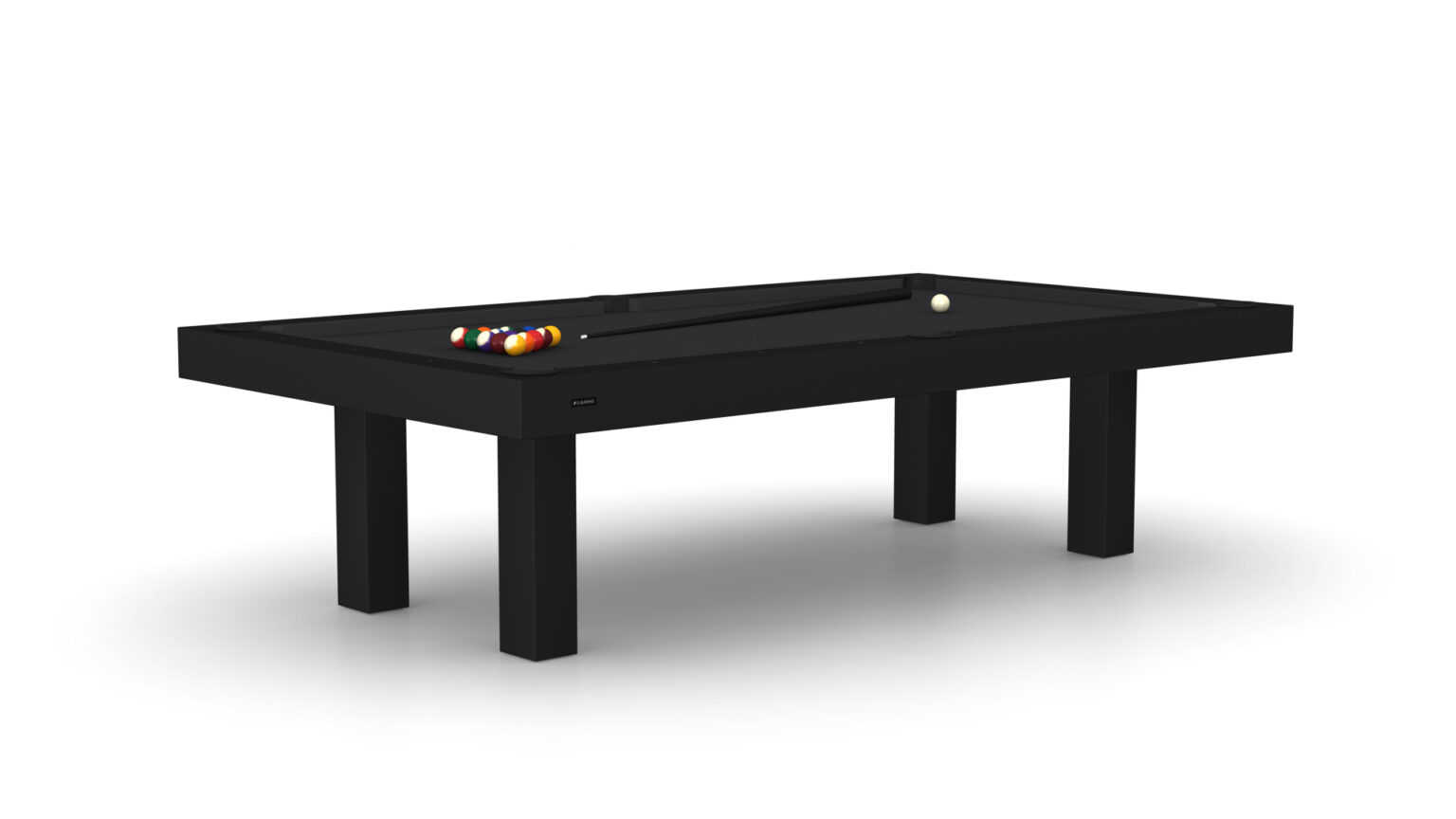 The Malibu Pool Table, a sleek black luxury game table with a modern design, stands on a white background. It showcases arranged colorful billiard balls and a separate cue ball.