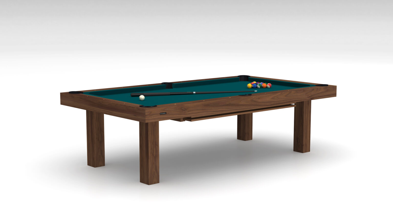 The Malibu Pool Table, a luxury wooden piece with a green felt surface, is elegantly set up in a well-lit room. A cue stick and white ball lie ready, while colorful billiard balls form a triangle at one end, showcasing the elegance of premium game tables.