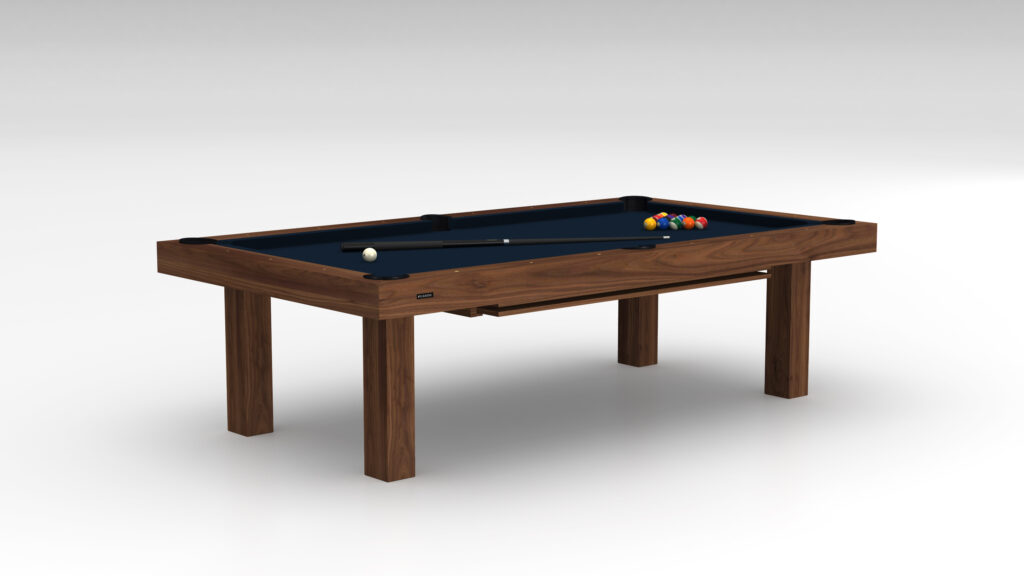 The Malibu Pool Table, with its wooden design and dark blue surface, is part of a luxury game table collection. It displays a triangle of colorful billiard balls and a cue stick in an empty room with a plain background.
