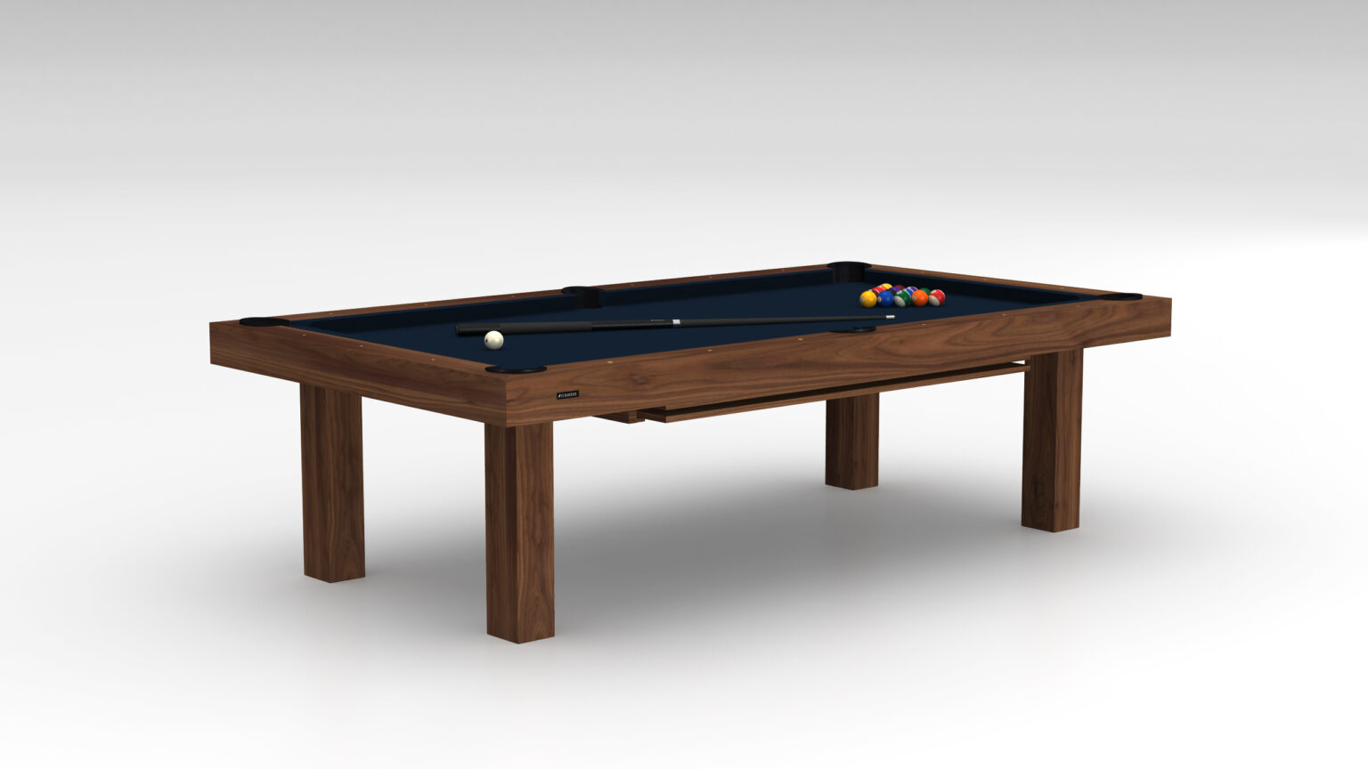 The Malibu Pool Table, with its wooden design and dark blue surface, is part of a luxury game table collection. It displays a triangle of colorful billiard balls and a cue stick in an empty room with a plain background.