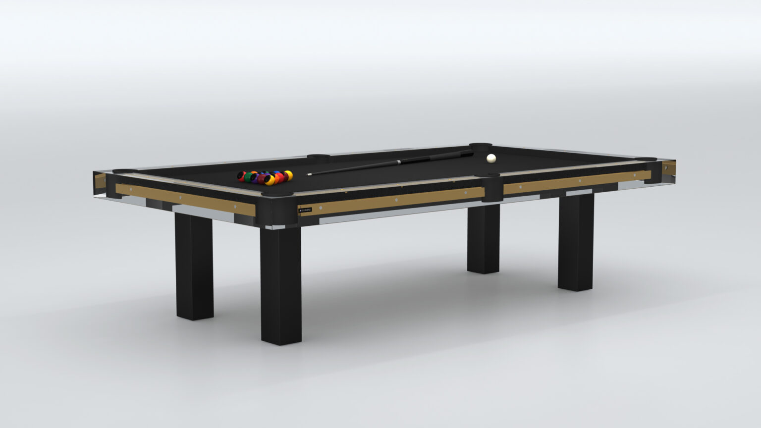 The Malibu Pool Table showcases a luxurious black and wooden design with pool balls neatly arranged and a cue stick on the surface, fitting perfectly in a well-lit, minimalist setting.