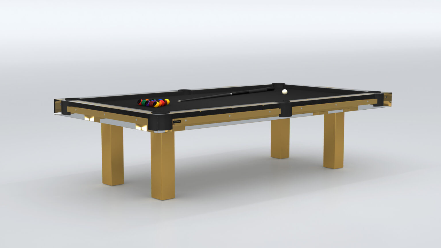 The Malibu Pool Table, a modern and sleek luxury game piece with a black top and gold legs, is perfectly arranged for a match. The balls are neatly racked, and a cue stick elegantly rests on the surface.