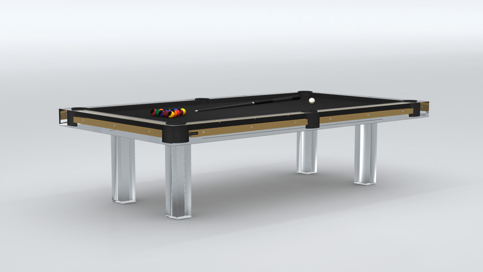The Malibu Pool Table features a sleek black surface and silver legs. Pool balls are neatly arranged with a cue ball nearby, complementing its modern luxury. Its minimalist design enhances elegance against a plain background.