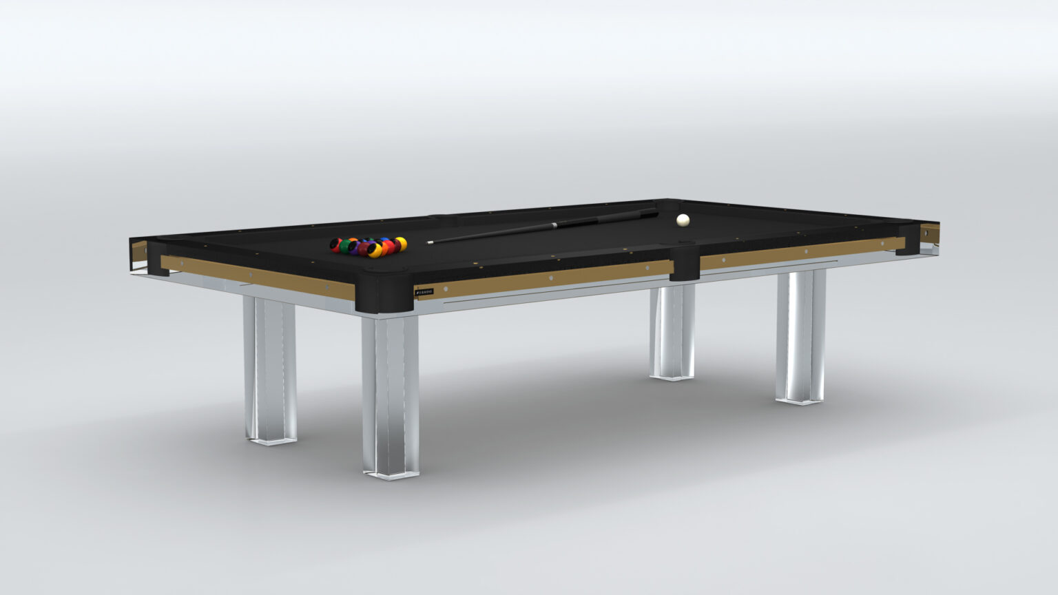 The Malibu Pool Table, a luxury piece with a modern design, features a sleek black surface and silver legs. Billiard balls are neatly arranged at one end, with a cue stick elegantly placed on top. A plain, light-colored background enhances its sophisticated look.