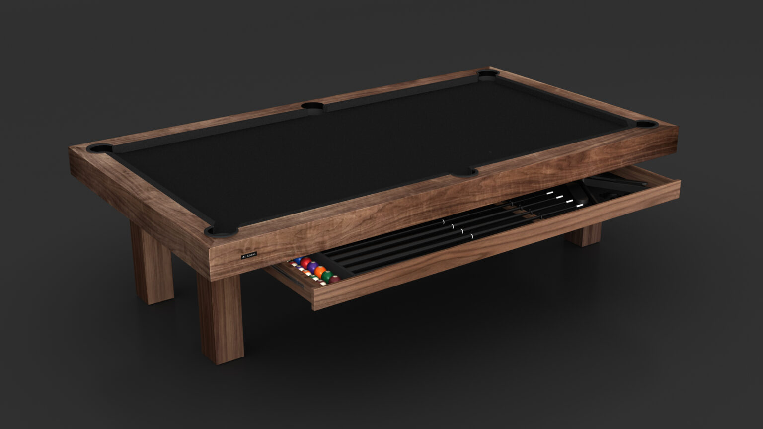The Malibu Pool Table is a luxurious wooden table with a black felt surface and an open drawer underneath for billiard balls and cues, set against a dark background.