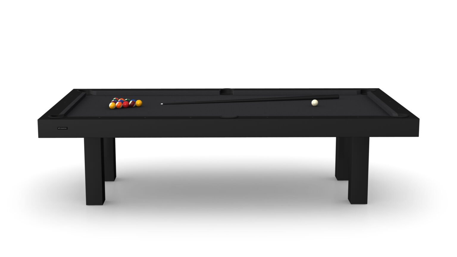 The Malibu Pool Table epitomizes luxury with its sleek black design, featuring a billiard rack of colored balls and a cue stick on the surface. Its modern lines and solid base stand out against a white background, combining style and sophistication.