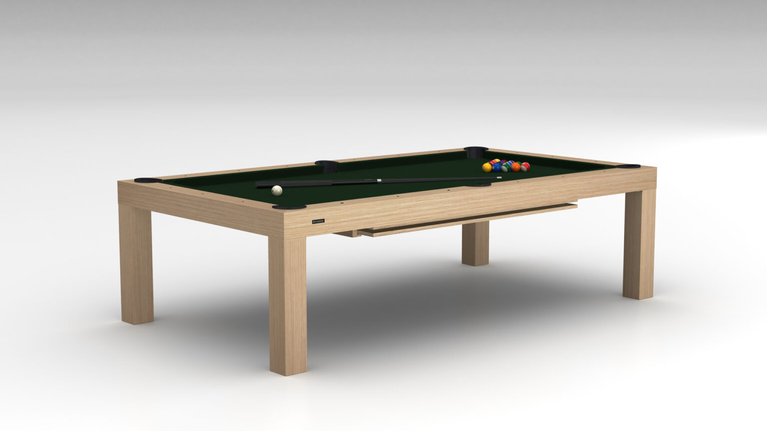 The Malibu Pool Table, a luxury game table crafted from fine wood, features a green felt surface. It includes a sleek black cue and pool balls, elegantly displayed in a minimalist room with a light gray background.