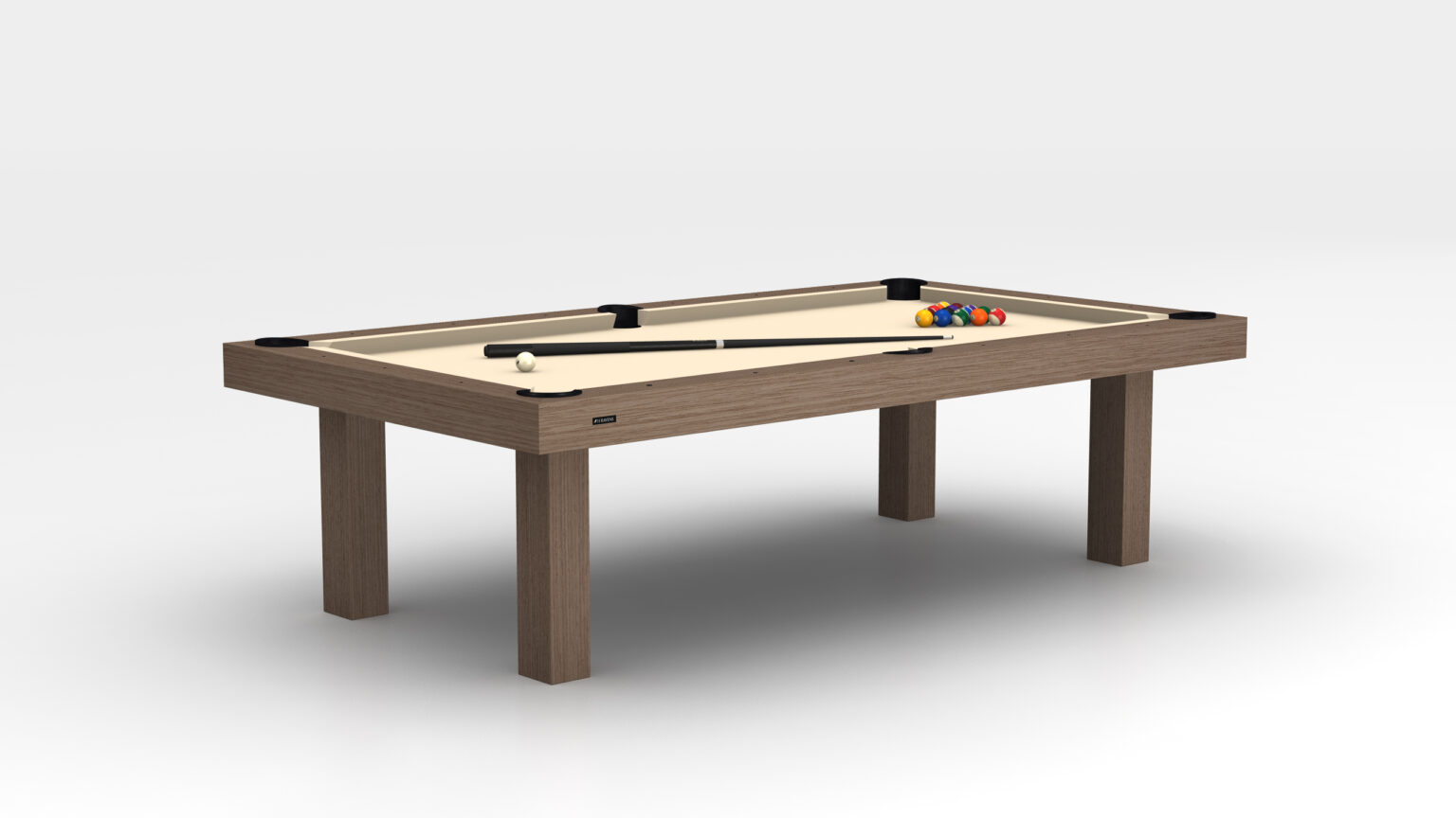 The Malibu Pool Table is a luxury game table with a light wood frame and beige playing surface. It includes cue sticks and neatly racked billiard balls, standing on four square legs against a plain white background, offering elegance and functionality.