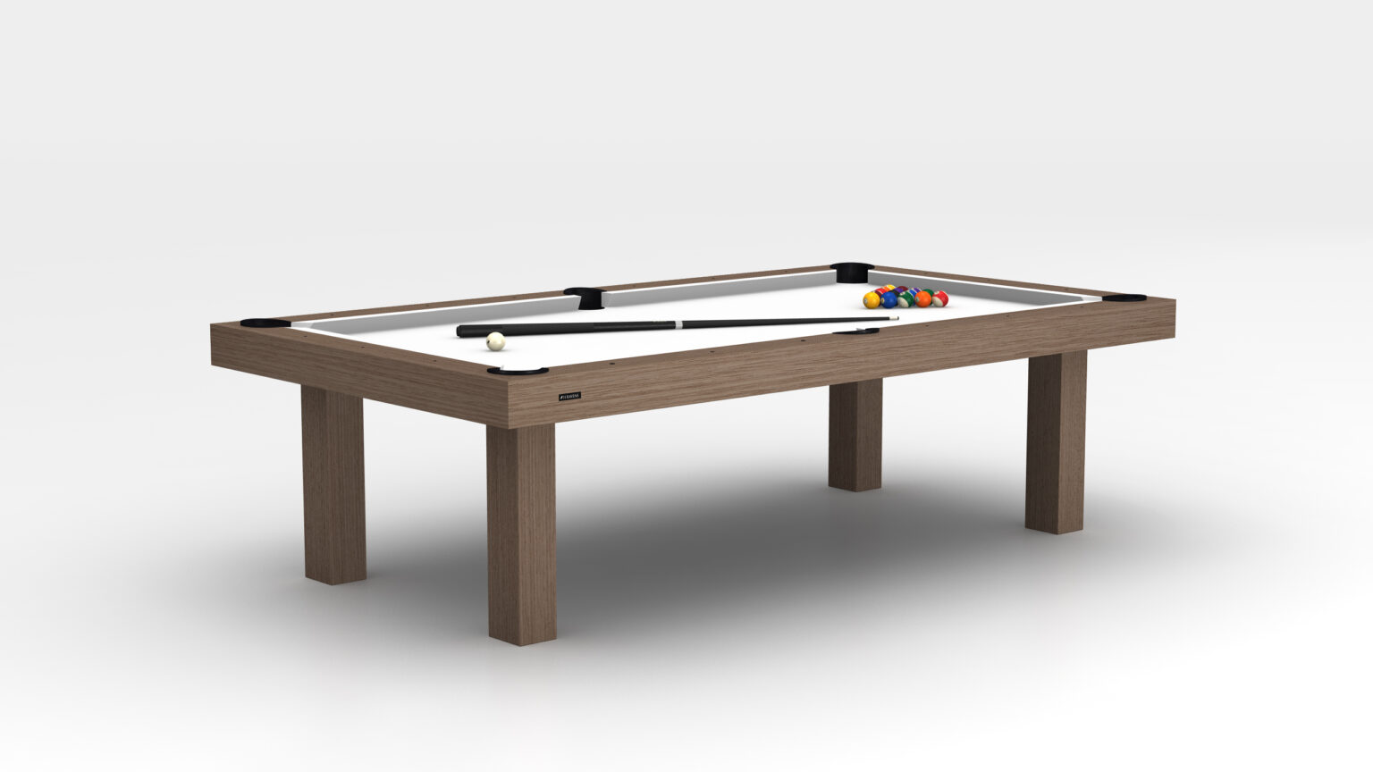The Malibu Pool Table is a luxurious game table with a wooden frame and a pristine white playing surface. It includes a cue stick, triangle rack, and vibrant colored balls arranged in the classic triangle formation.