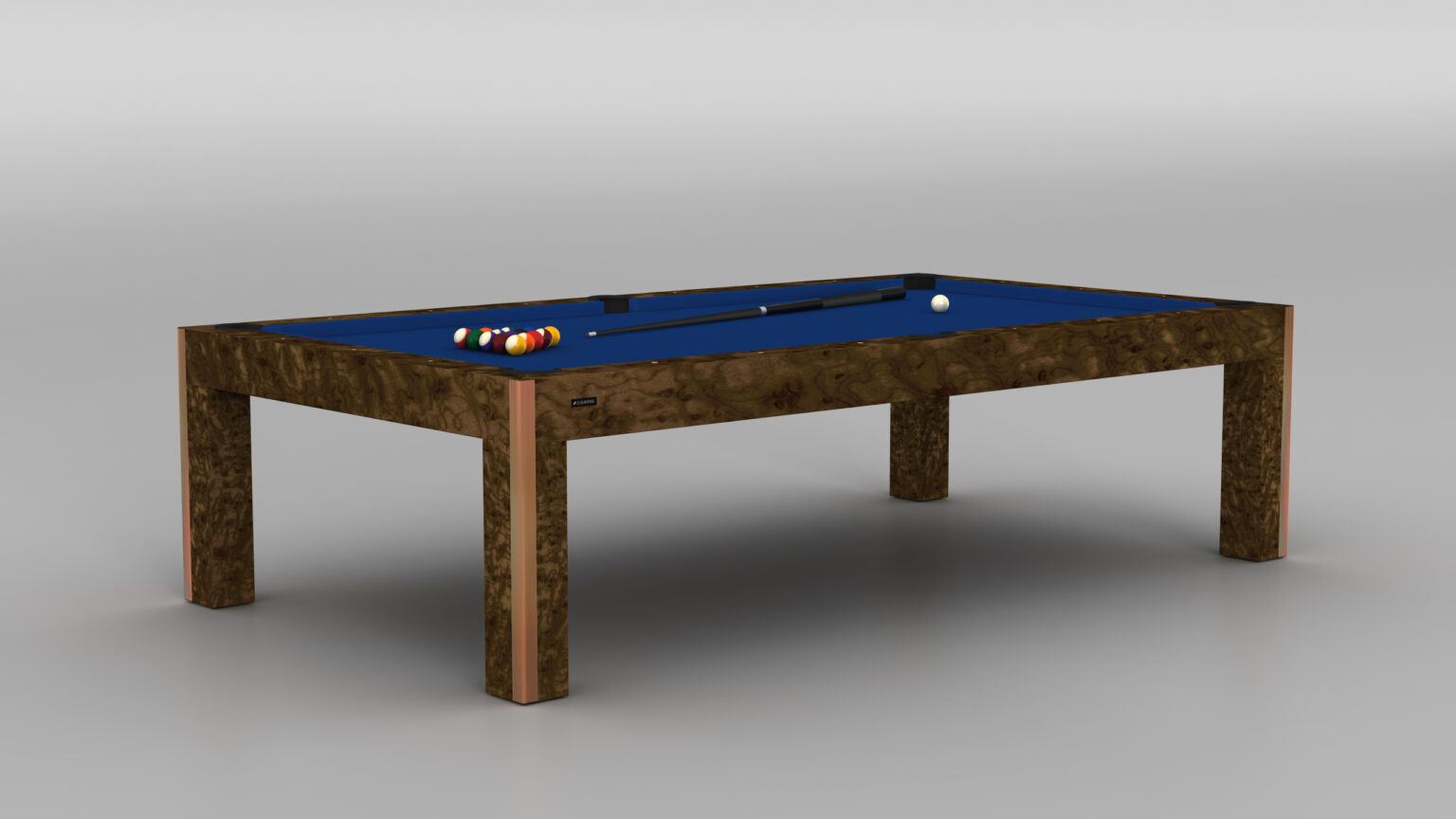 The Malibu Pool Table, with its elegant wooden finish, features a blue felt surface and comes with billiard balls, a triangle rack, and a cue stick on top. It stands gracefully against a plain gray backdrop.