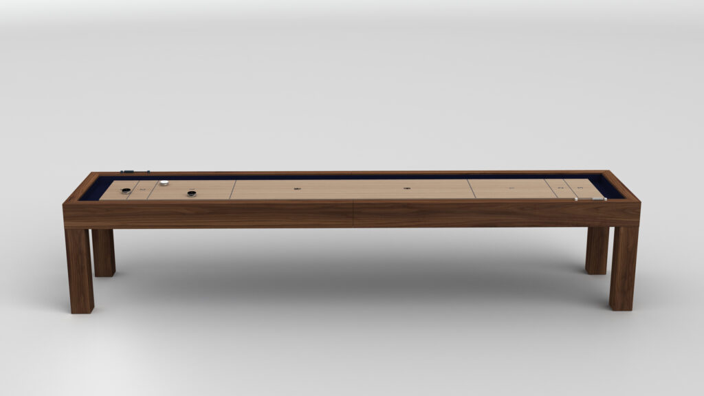 The Malibu Shuffleboard Table features a smooth, light-colored wooden playing surface with pucks and scoring markings, displayed against a plain white background.