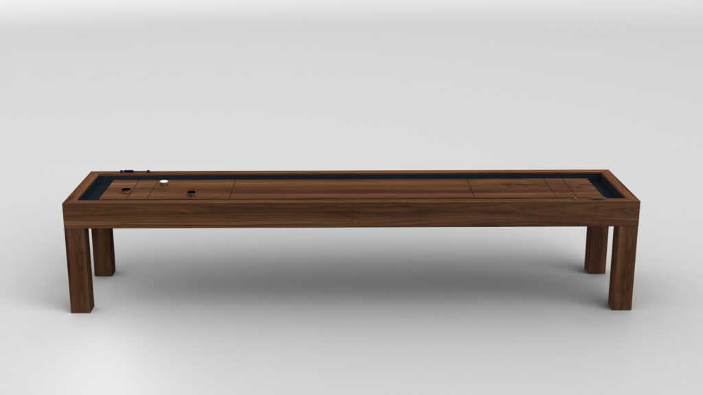 The Malibu Shuffleboard Table, featuring a smooth wooden playing surface, pucks, and scoring lines, is displayed against a plain white background.