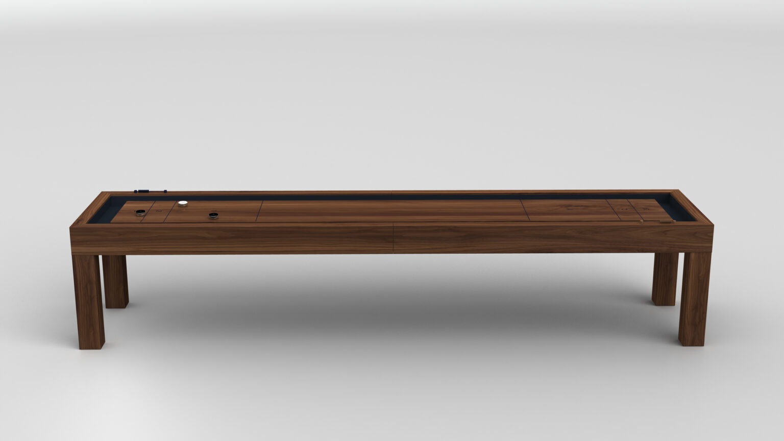The Malibu Shuffleboard Table, featuring a smooth wooden playing surface, pucks, and scoring lines, is displayed against a plain white background.