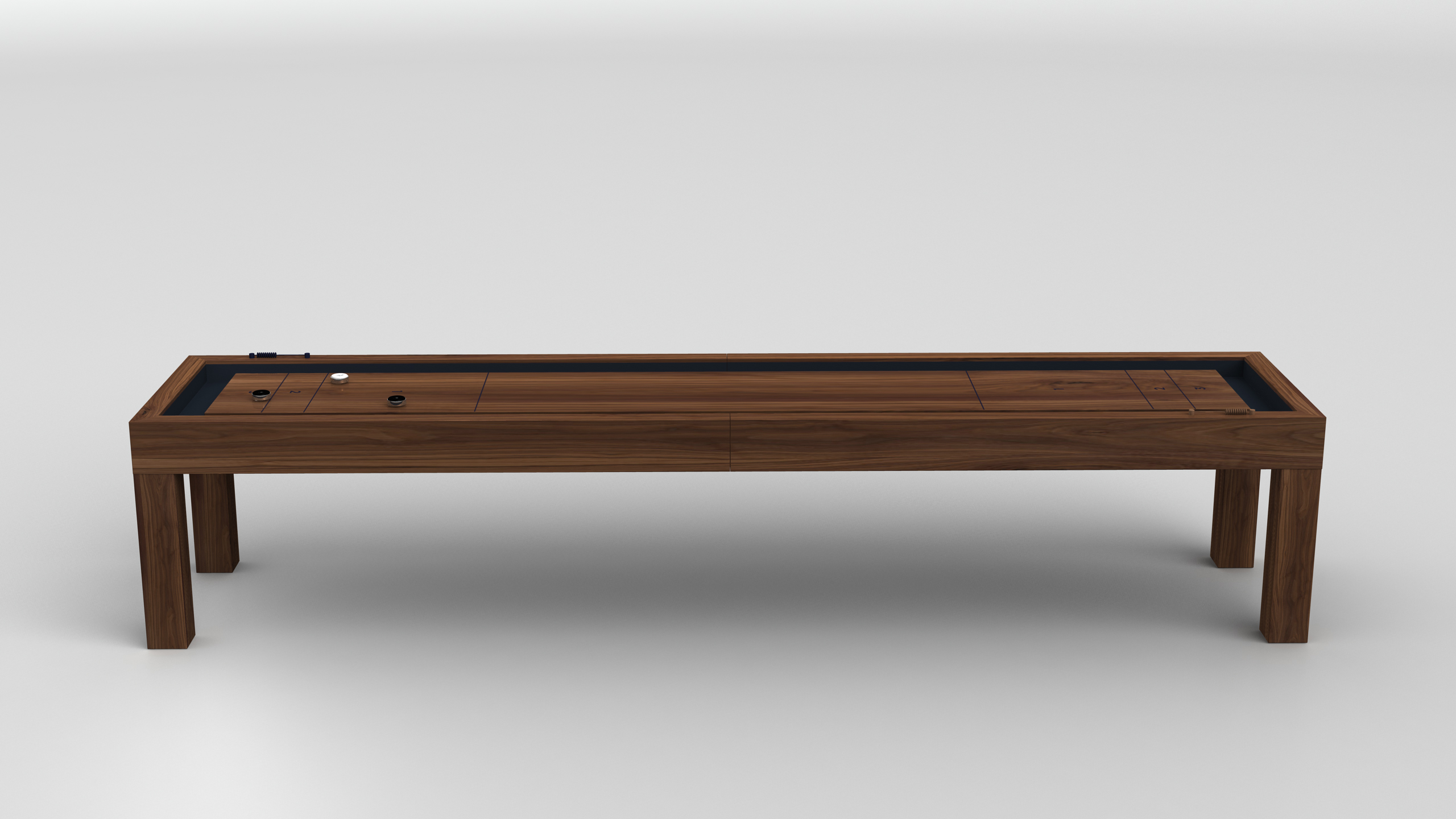 The Malibu Shuffleboard Table, featuring a smooth wooden playing surface, pucks, and scoring lines, is displayed against a plain white background.