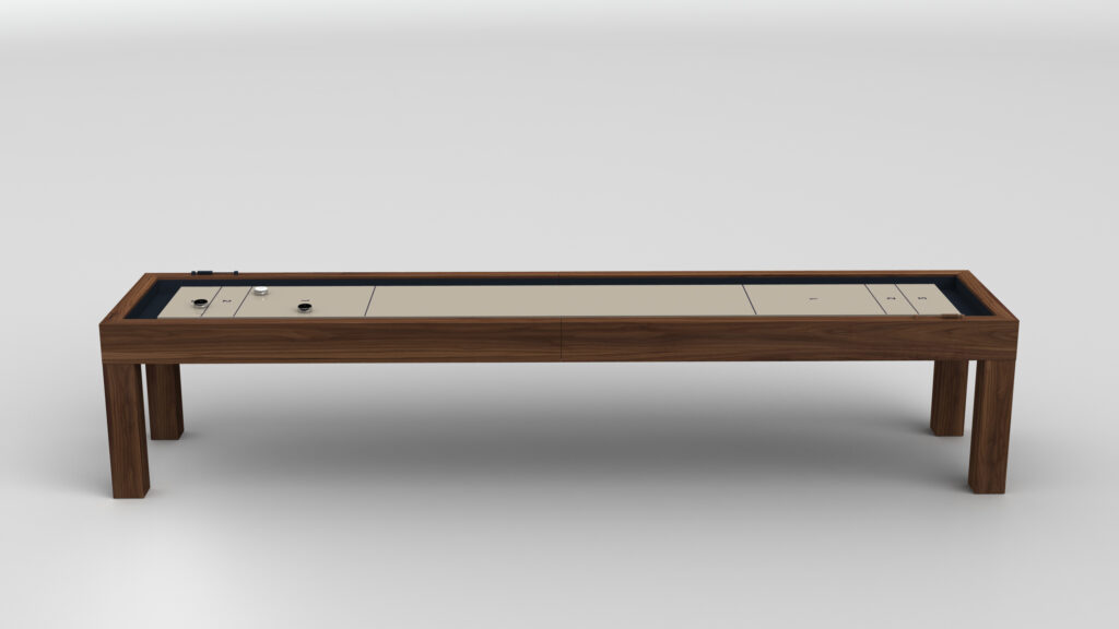 The Malibu Shuffleboard Table is a rectangular wooden table with a beige panel inset on top, featuring control knobs and switches at one end, shown against a plain white background.