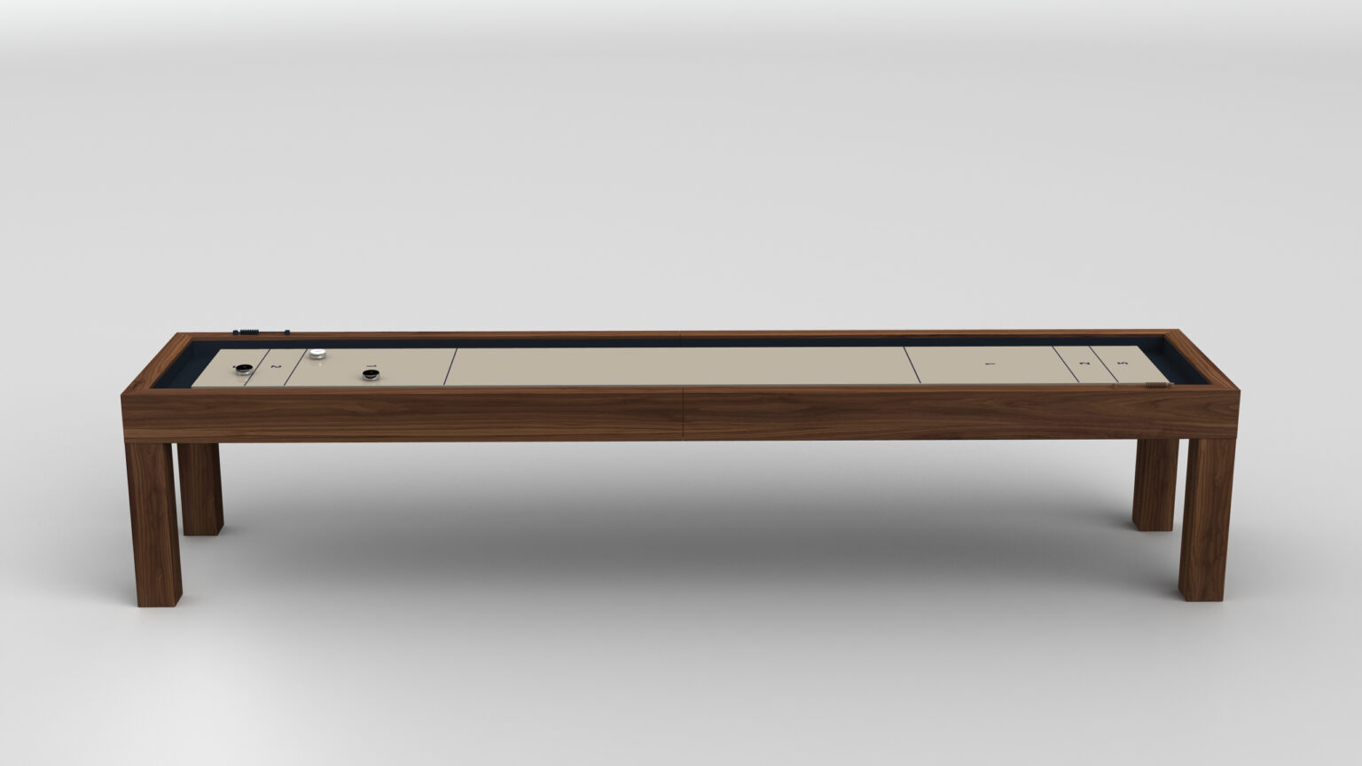 The Malibu Shuffleboard Table is a rectangular wooden table with a beige panel inset on top, featuring control knobs and switches at one end, shown against a plain white background.