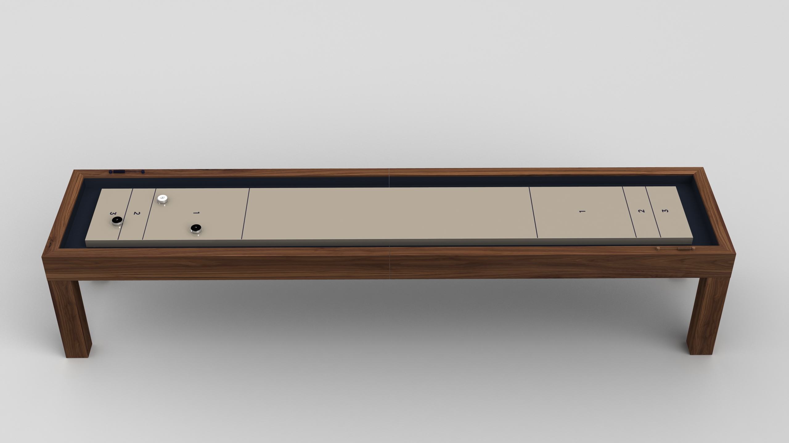 The Malibu Shuffleboard Table is a rectangular wooden table with a minimalist beige control panel featuring multiple knobs, switches, and input ports, displayed against a plain white background.