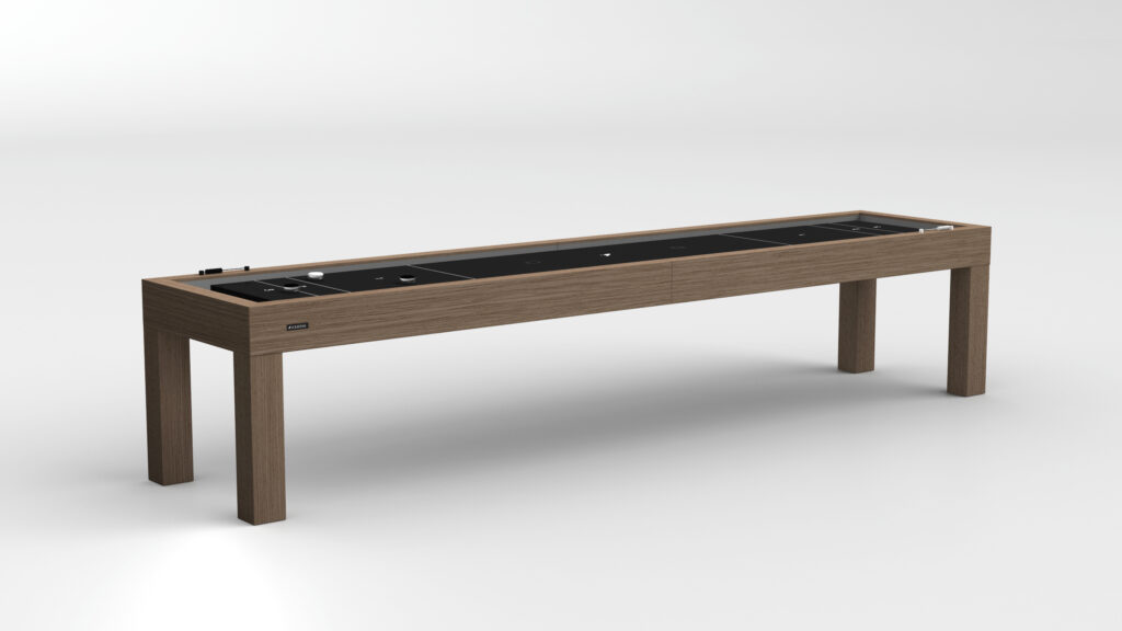 The Malibu Shuffleboard Table features a long, modern wooden frame and a black playing surface, shown against a plain white background.