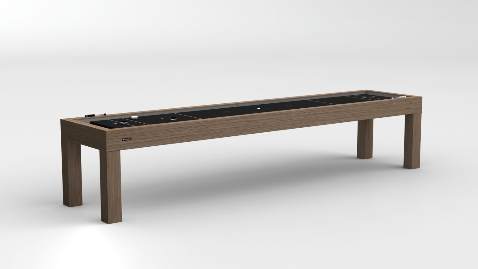 The Malibu Shuffleboard Table features a long, modern wooden frame and a black playing surface, shown against a plain white background.